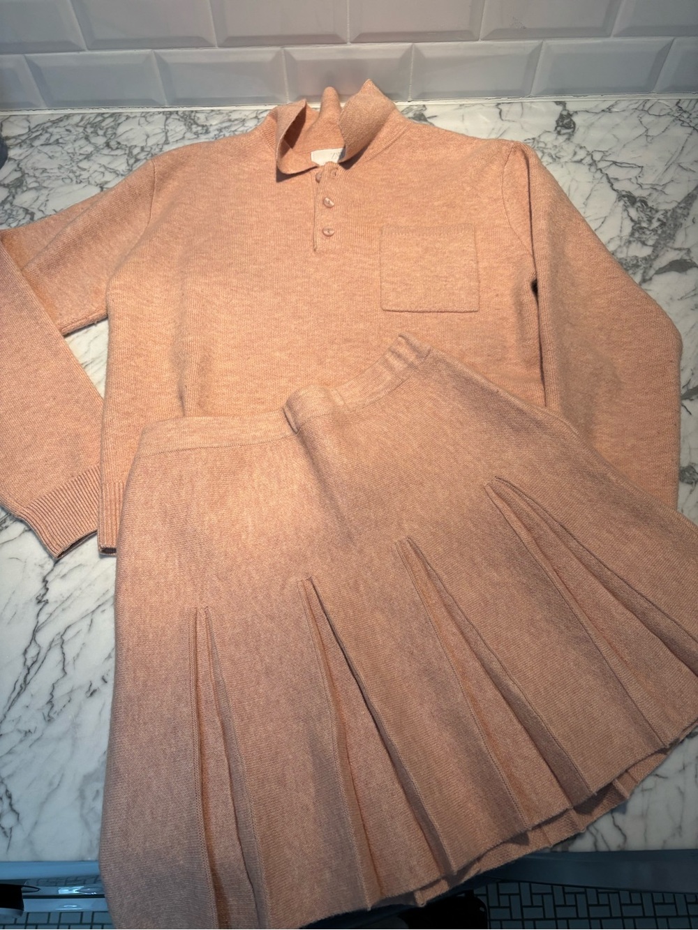 Zara Dusty Pink Knit Polo Top with Matching knit Pleated Skirt